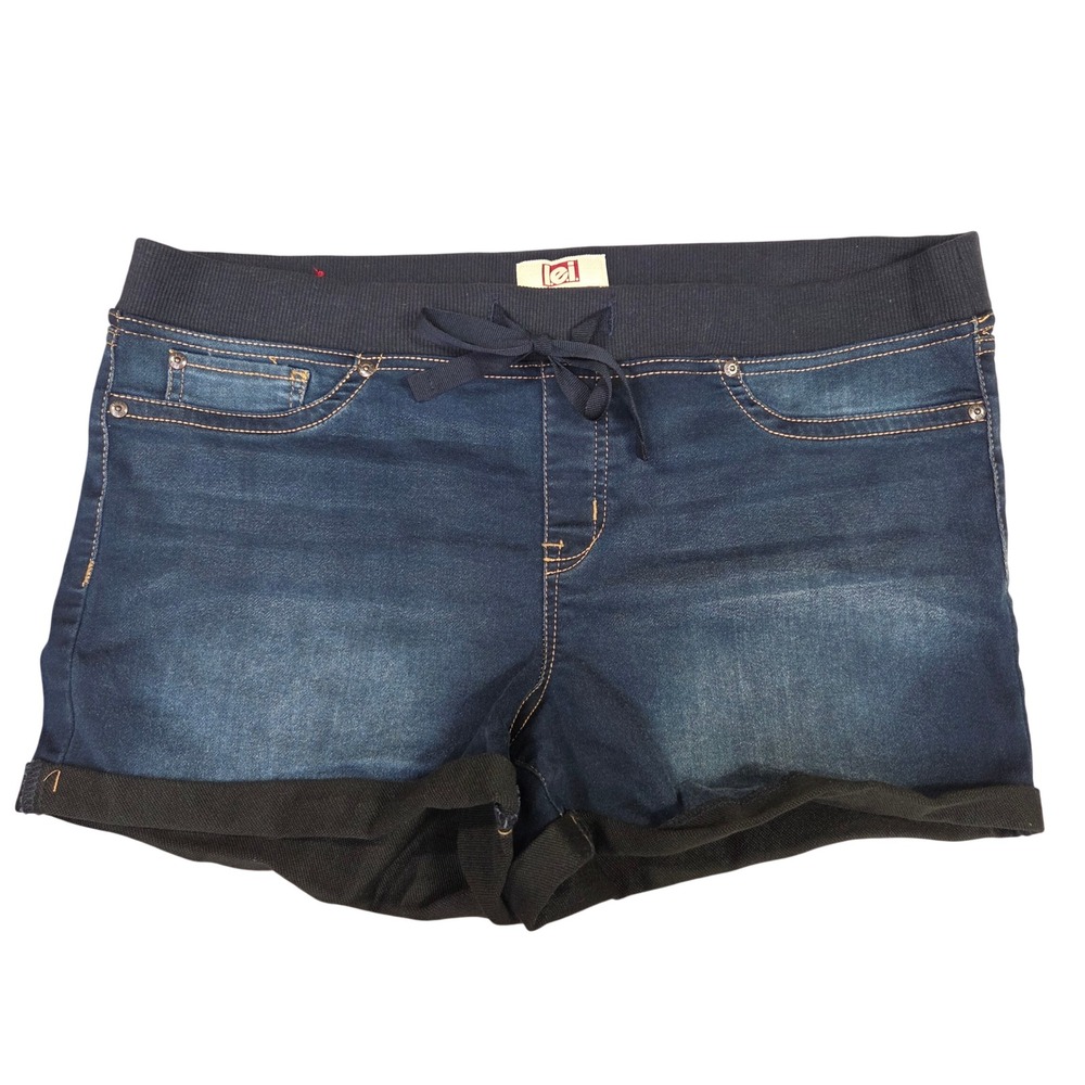 LEI Womens XL Dark Wash Denim Shorts Ribbed Elastic Waist Drawstring Y2k